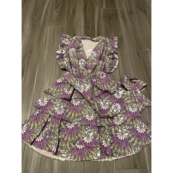 Marie Oliver Fiona Dress Sze XXS Purple Green Floral Cotton Vneck Ruffle Sleeve - Picture 7 of 9